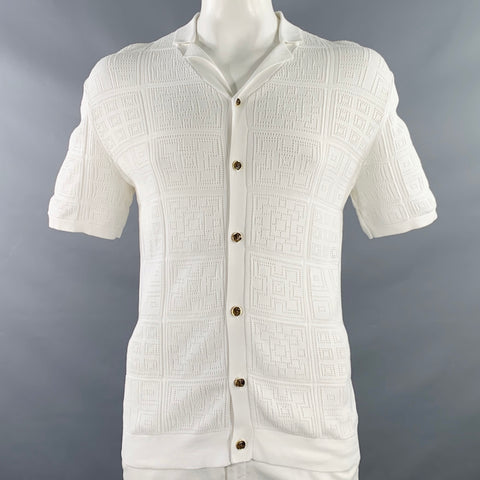 REISS Size L White Knit Cotton Buttoned Short Sleeve Shirt