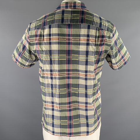 RRL by RALPH LAUREN Size L Blue Green Plaid Cotton Seersucker Camp Short Sleeve Shirt