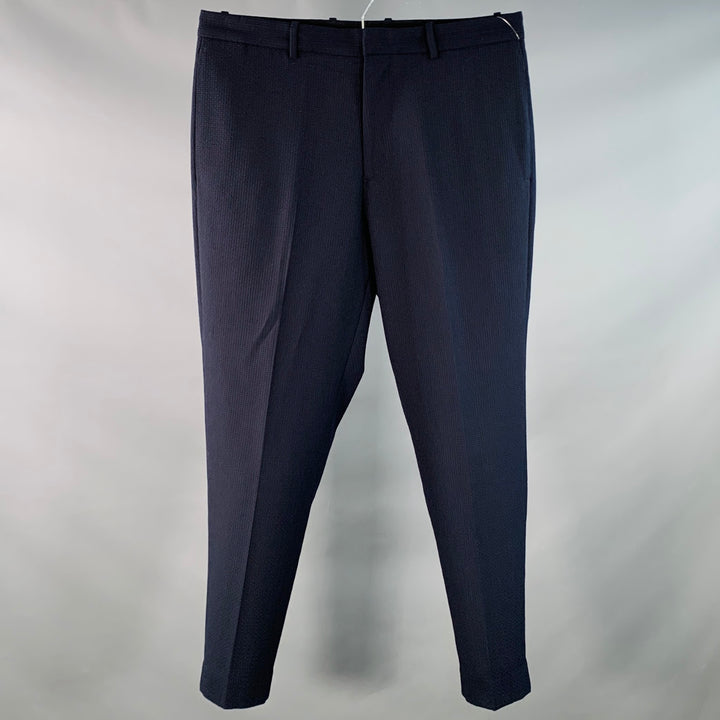 THEORY Size 34 Logan Navy Waffle Textured Polyester Blend Tapered Dress Pants