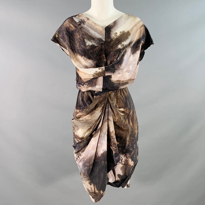 ALLSAINTS Size 2 Brown Beige Silk Tapestry Drapey V-Neck Midi Dress