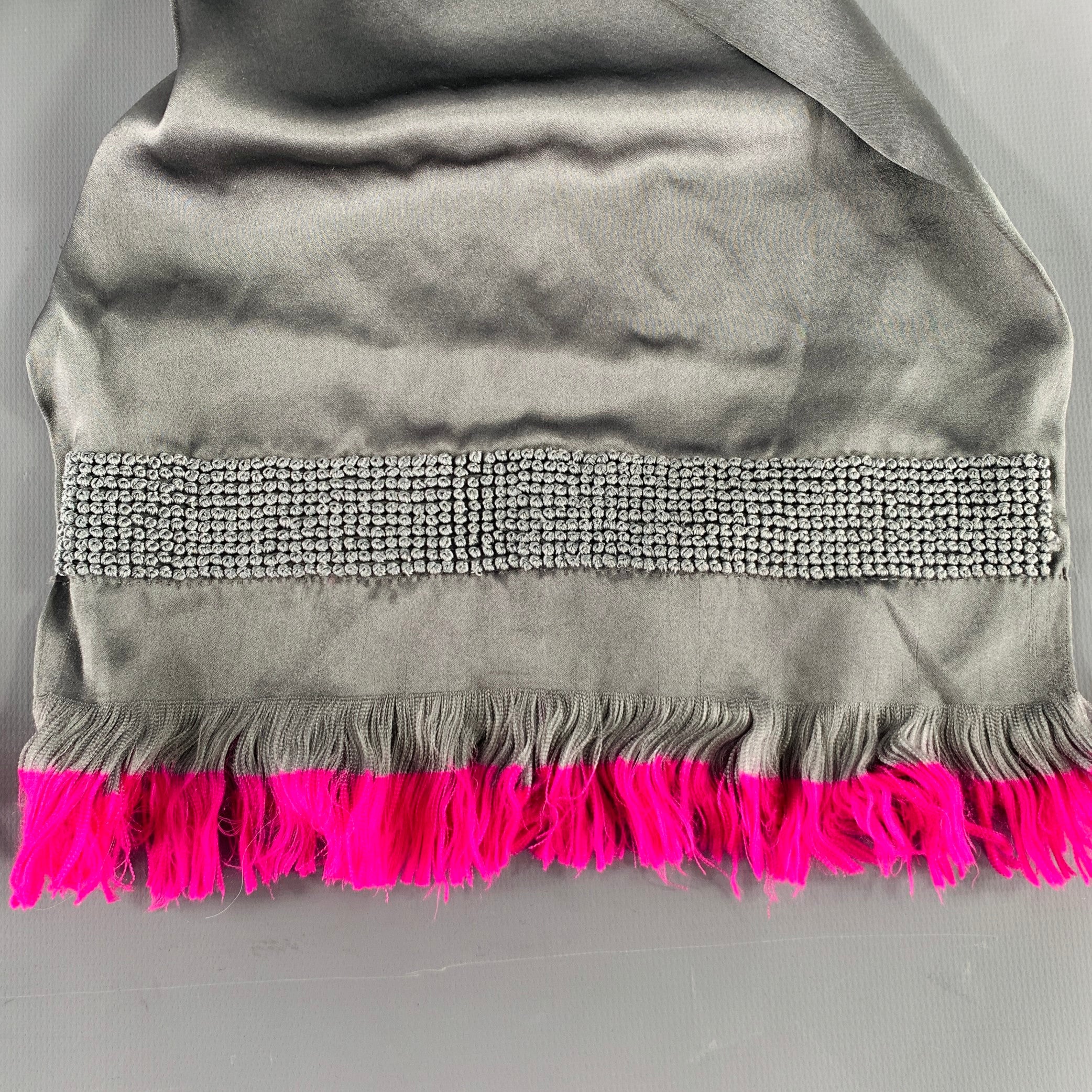 DRIES VAN NOTEN Grey Fuchsia Silk Fringe Scarf – Sui Generis