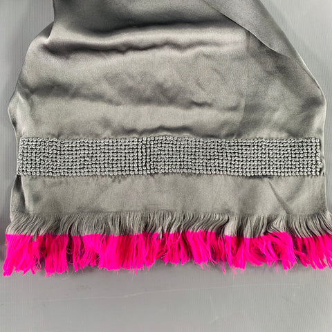 DRIES VAN NOTEN Grey Fuchsia Silk Fringe Scarf