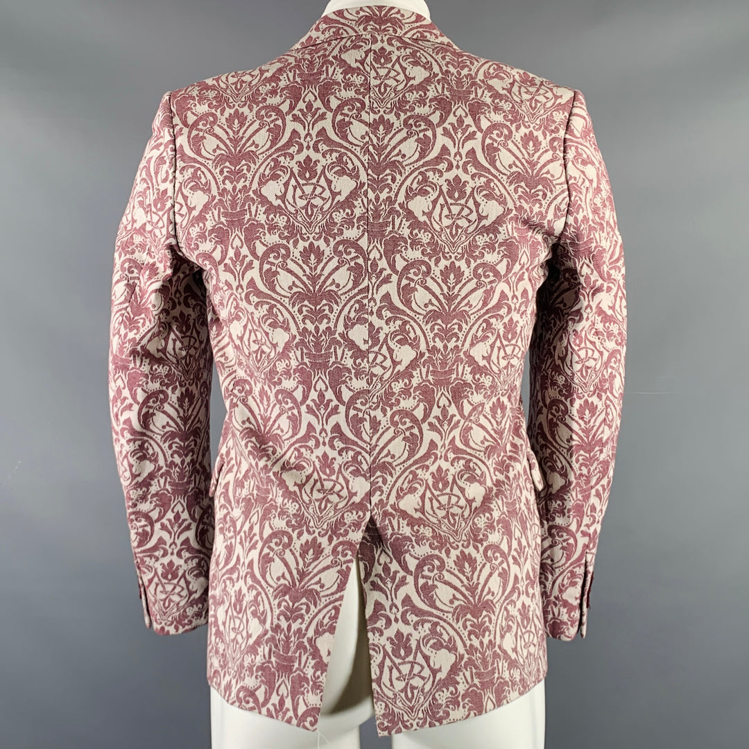 MR. GENTLEMAN Size 38 Burgundy White Damask Wool Notch Lapel Sport Coat