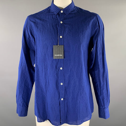ERMENEGILDO ZEGNA Size XL Blue Seersucker Linen Blend Long Sleeve Shirt