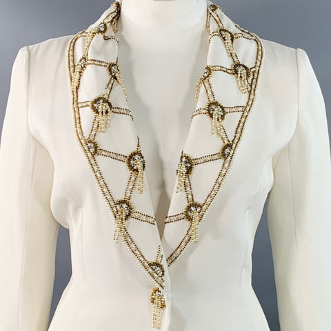 VICTORIA ROYAL Size 12 Cream Polyester Beaded Shawl Collar Jacket Blazer