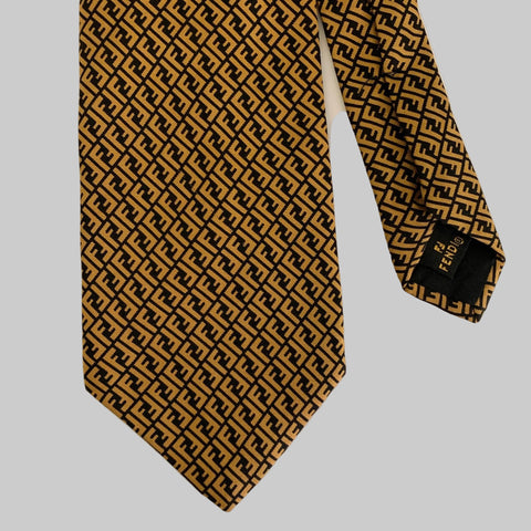 FENDI Brown Gold Logo Silk Tie