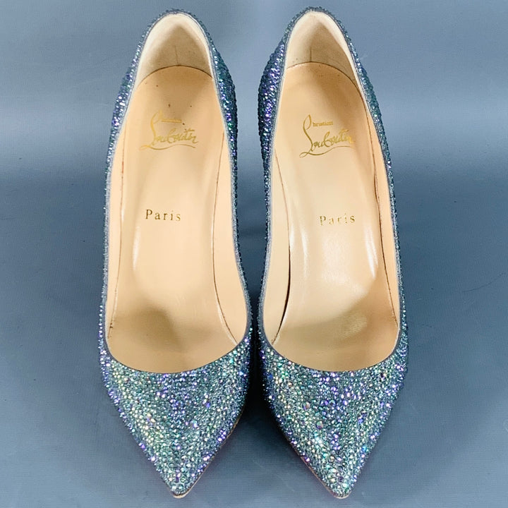 CHRISTIAN LOUBOUTIN Size 9.5 Kate Strass Multi Color Red Suede Rhinestones Pointed Toe Pumps
