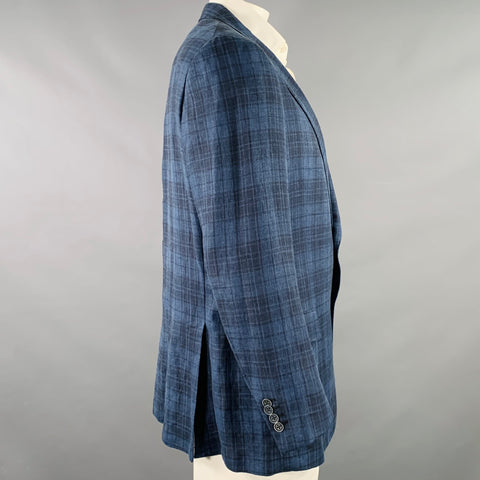 ERMENEGILDO ZEGNA Size 48 Regular Blue Navy Plaid Notch Lapel Sport Coat