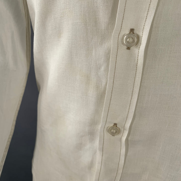 BURBERRY BRIT Size S White Taupe Contrast Stitch Button Down Collar Linen Long Sleeve Shirt