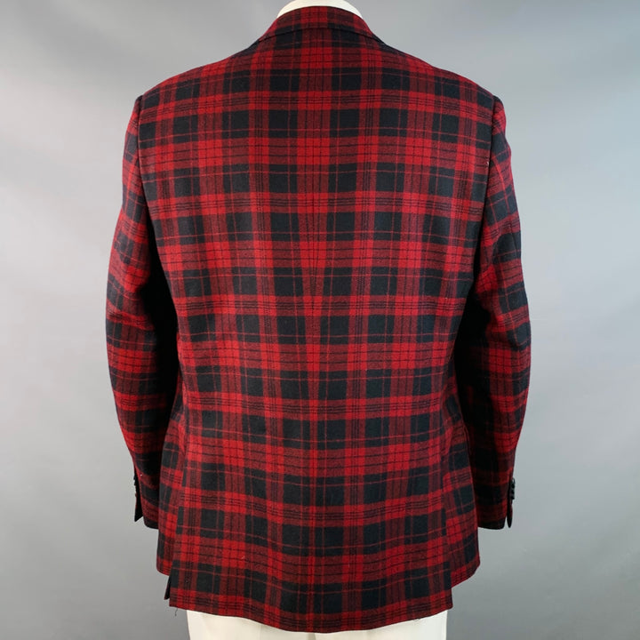 PAUL FREDRICK Size 44 Regular Red Black Plaid Wool Tailored Fit Notch Lapel Sport Coat
