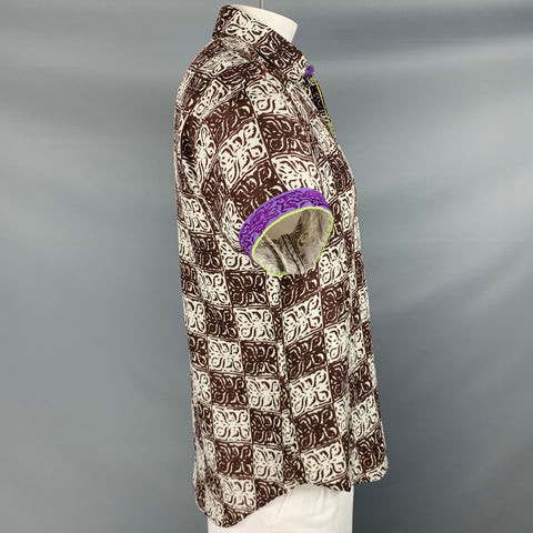 ROBERT GRAHAM Size L Brown White Print Linen Silk Button Up Short Sleeve Shirt