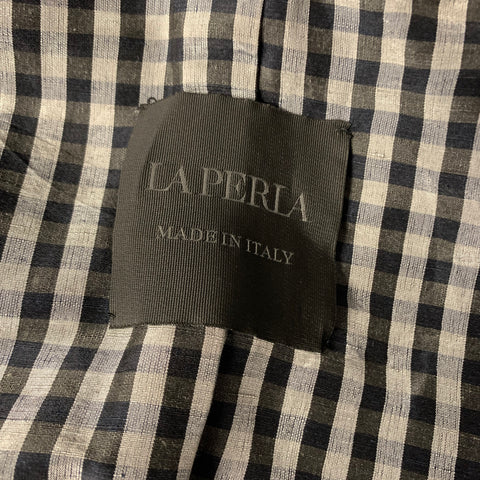 LA PERLA Size S Grey Black Checkered Linen Silk Shawl Collar Vest