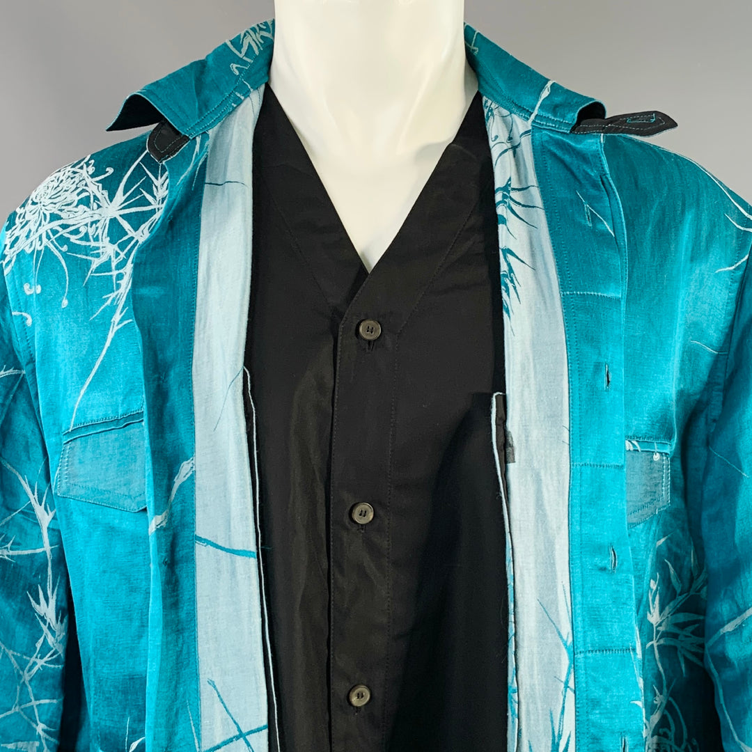 HAIDER ACKERMANN Size M Teal White Jacquard Linen Silk Layered Long Sleeve Shirt