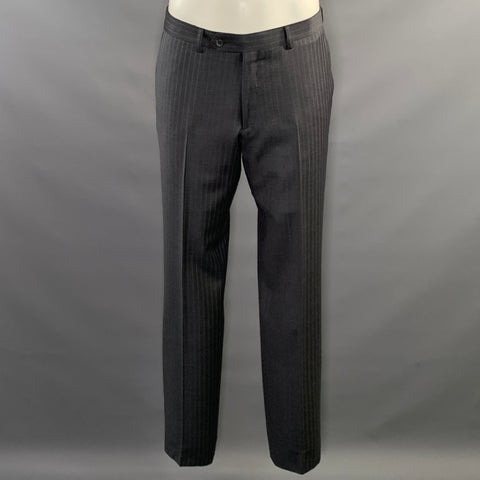 E-RAVE CUSTOM SHOP Chest Size 42 Grey Blue Pinstripe Wool Notch Lapel 34 33 Suit