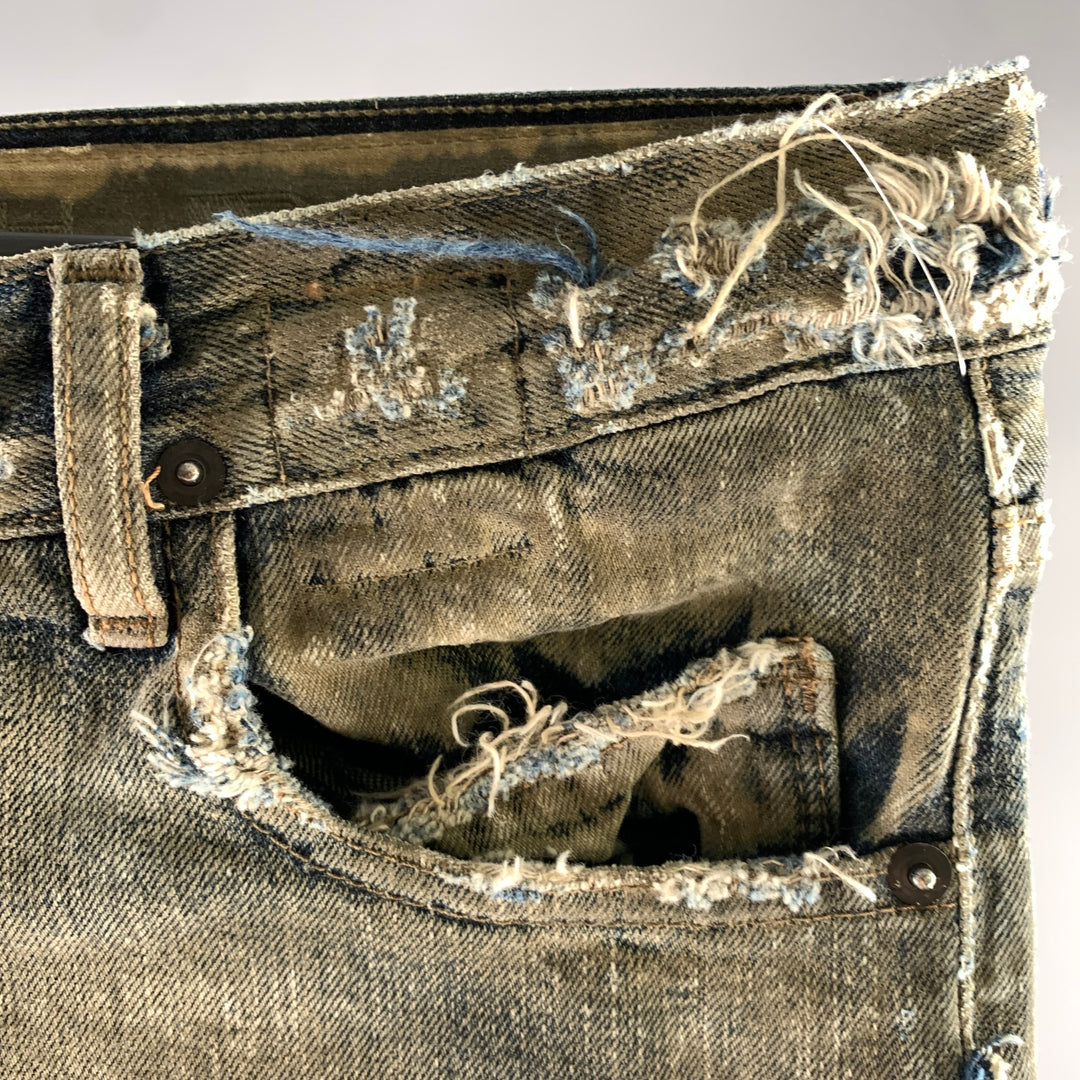RICK OWENS Size 31 Tan Blue Distressed Cotton Shorts