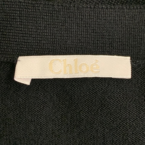 CHLOE Size L Black Wool Lace Trim V-Neck Button Up Cardigan