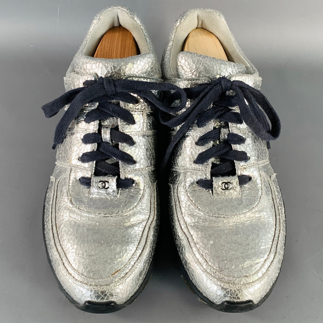 CHANEL Size 11 Metallic Silver Navy Crackled Leather Lace-Up Sneakers