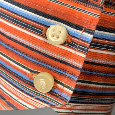 THOMAS DEAN Size XL Orange Blue Stripe Cotton Long Sleeve Shirt