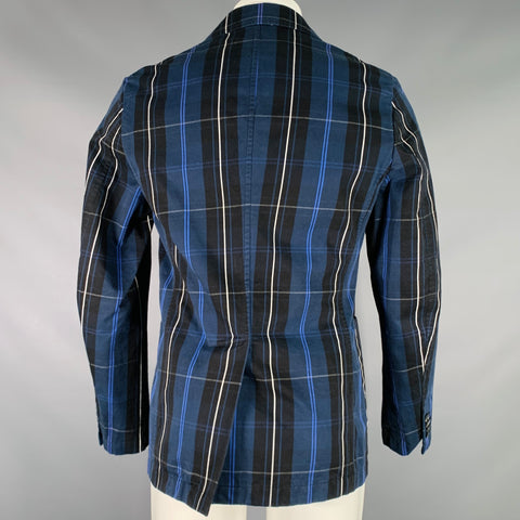 BARENA Size 40 Navy Black Plaid Cotton Notch Lapel Sport Coat