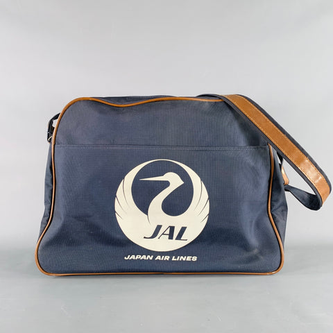 Sac bandoulière en nylon VINTAGE Japan Air Lines bleu marine marron avec logo blanc