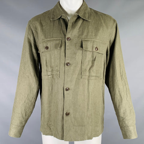 BUCK MASON Size M Olive Green Linen Patch Pocket Long Sleeve Shirt
