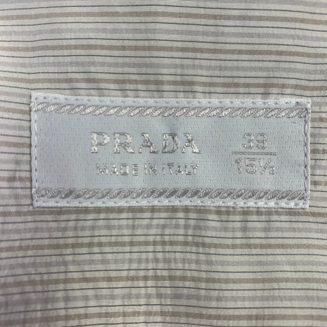 PRADA Size S White Beige Stripe Silk Curved Cutaway One Pocket Long Sleeve Shirt