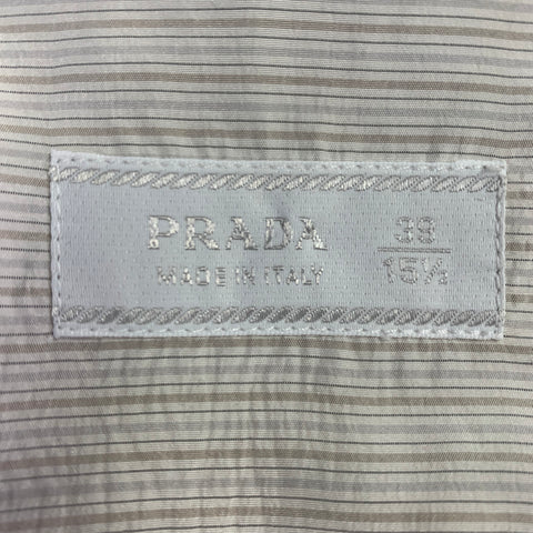 PRADA Size S White Beige Stripe Silk Curved Cutaway One Pocket Long Sleeve Shirt
