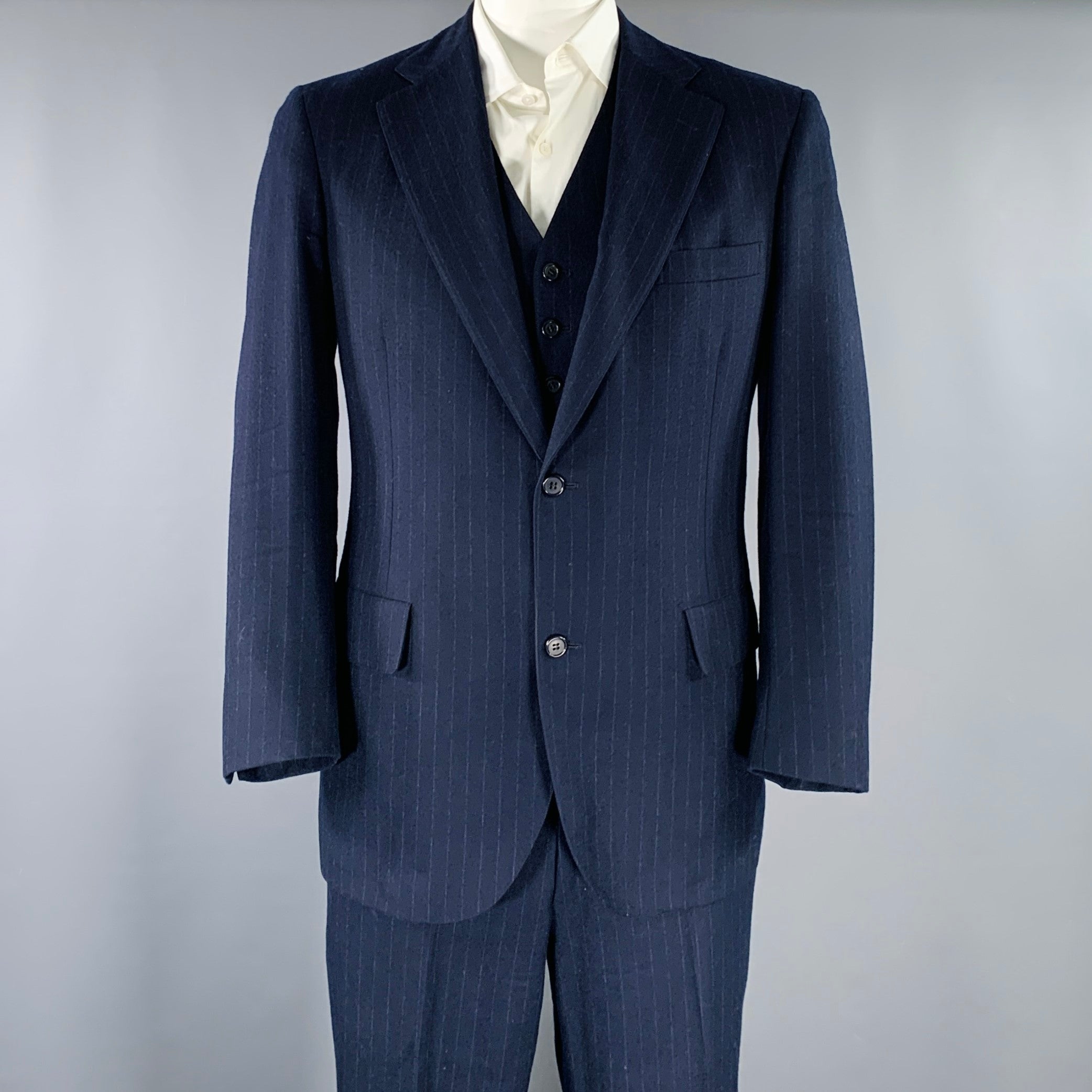 Brooks Brothers 濃紺 ウール100％スリーピーススーツ YA4体 BROOKS BROTHERS Size 42 Navy Grey Pinstripe Wool 3PC Suit – Sui