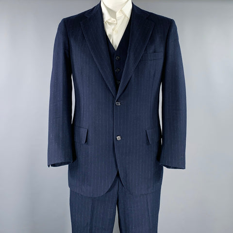 BROOKS BROTHERS Size 42 Navy Grey Pinstripe Wool 3PC Suit