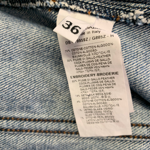 DOLCE & GABBANA Size XS Blue Multi-Color Cotton Feathers Denim Jacket