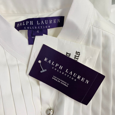 RALPH LAUREN Size 4 White Cotton Pleated Collarless Dress Top