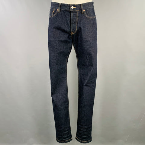 BUCK MASON Size 34 Maverick Slim Navy Contrast Stitch Cotton Blend Button Fly Jeans