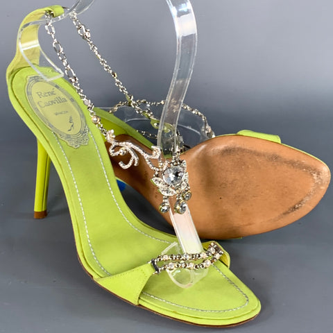 RENE CAOVILLA Size 6.5 Green Chartreuse Silk Rhinestones Strappy Sandals