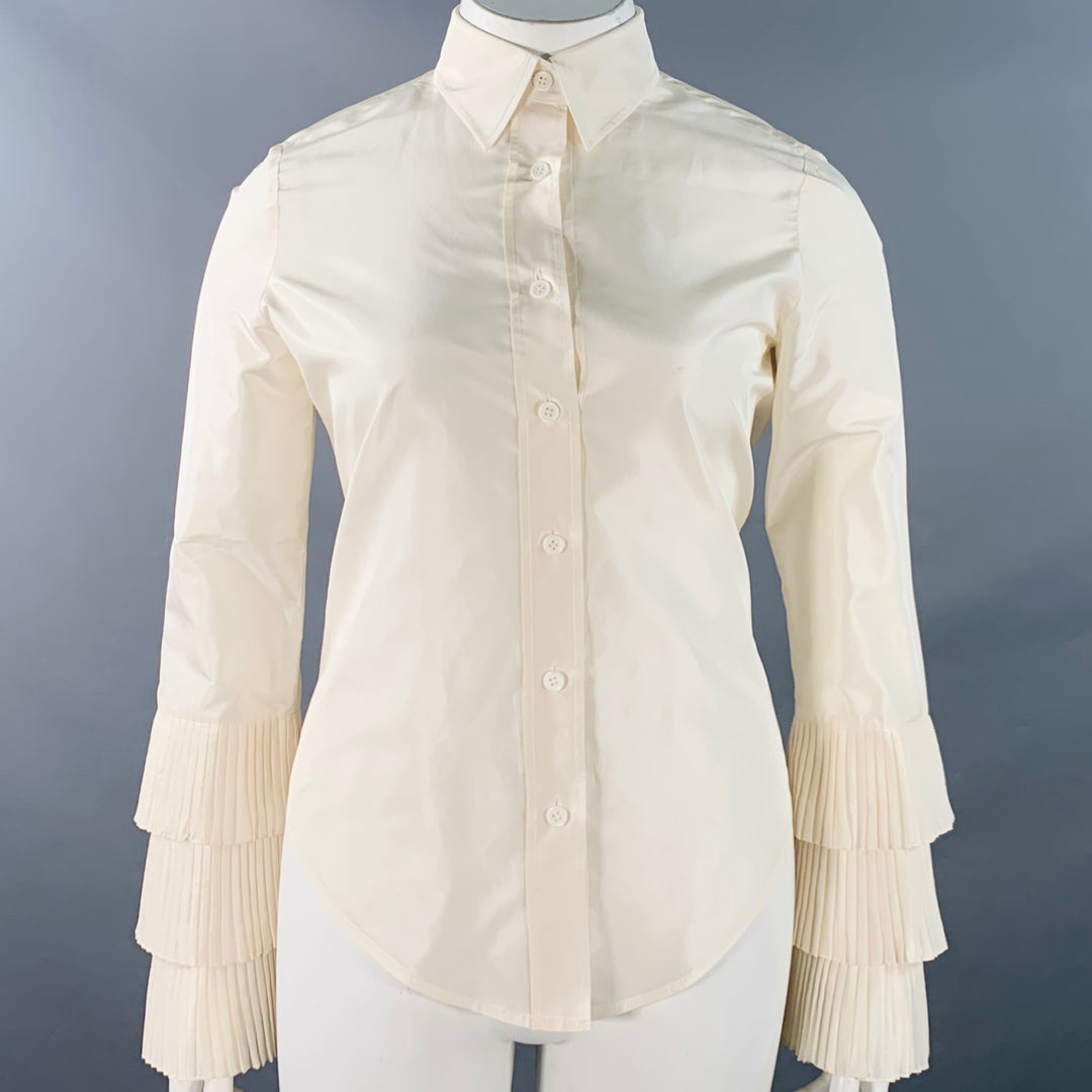 OSCAR DE LA RENTA Size 10 Cream Taffeta Long Sleeve Pleated Blouse
