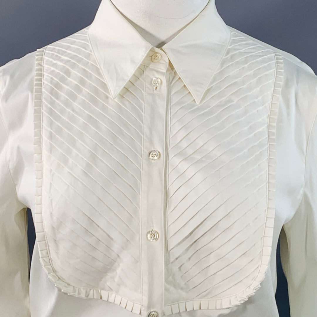 ESCADA Size XL Cream Cotton Blend Pleated Bib Button Up Shirt
