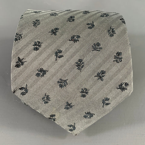 HERMES Grey Charcoal Floral Silk Jacquard Tie