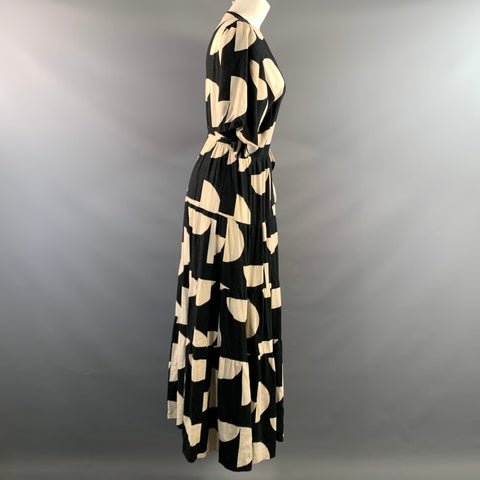 MISTER ZIMI Size 10 Black White Viscose Rayon Linen Blend Geometric Wrap Dress