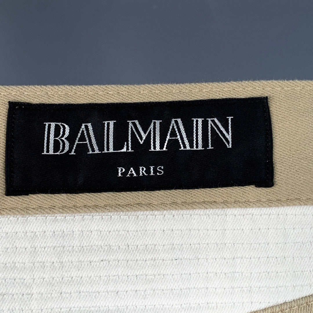 BALMAIN Size 28 Beige Black White Cotton Blend Skinny Biker Jeans