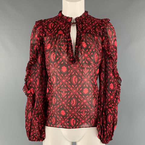 ULLA JOHNSON Talla 2 Top informal con cuello en V abstracto de seda rojo y negro