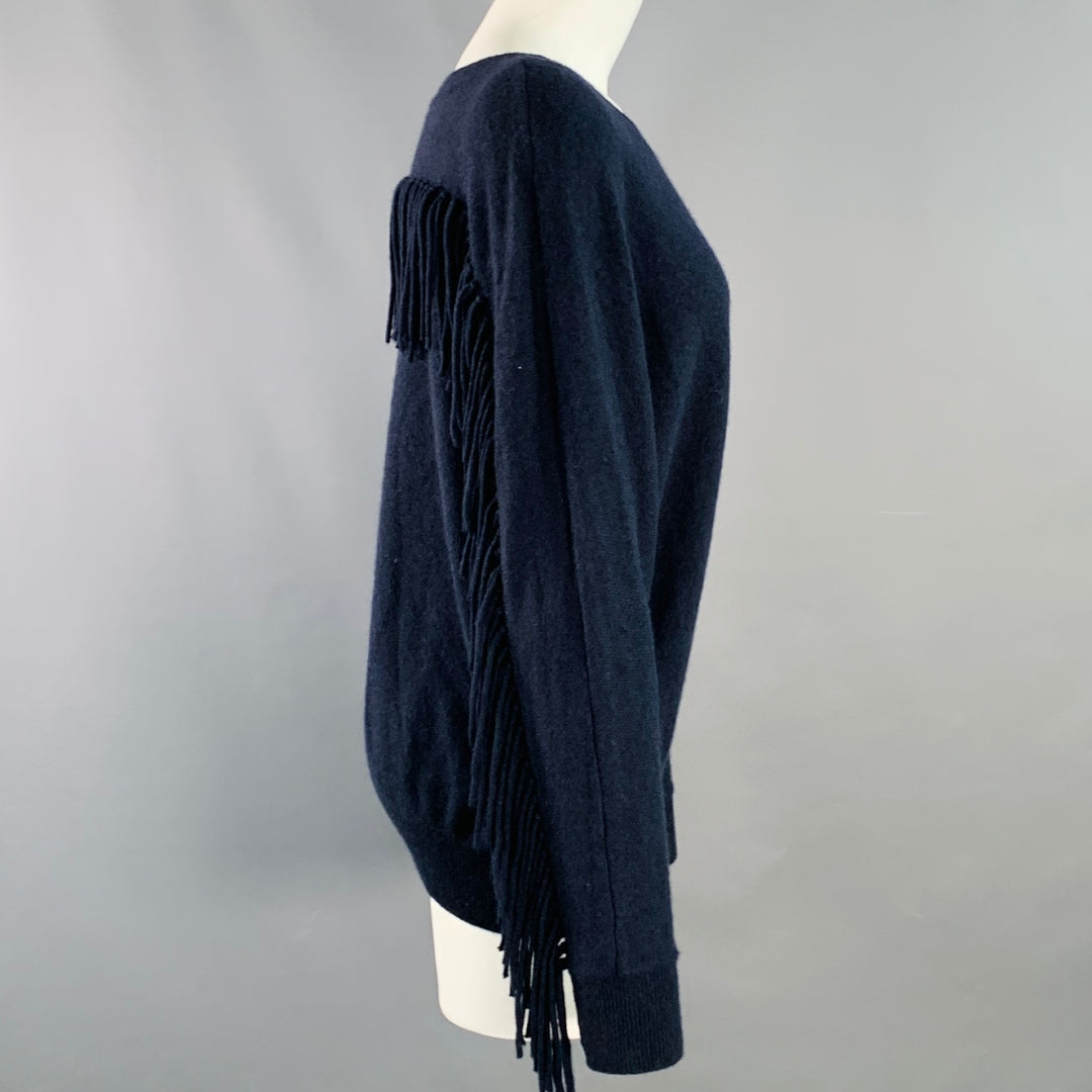 MINNIE ROSE Size M Navy Cashmere Fringe Crew Neck Pullover
