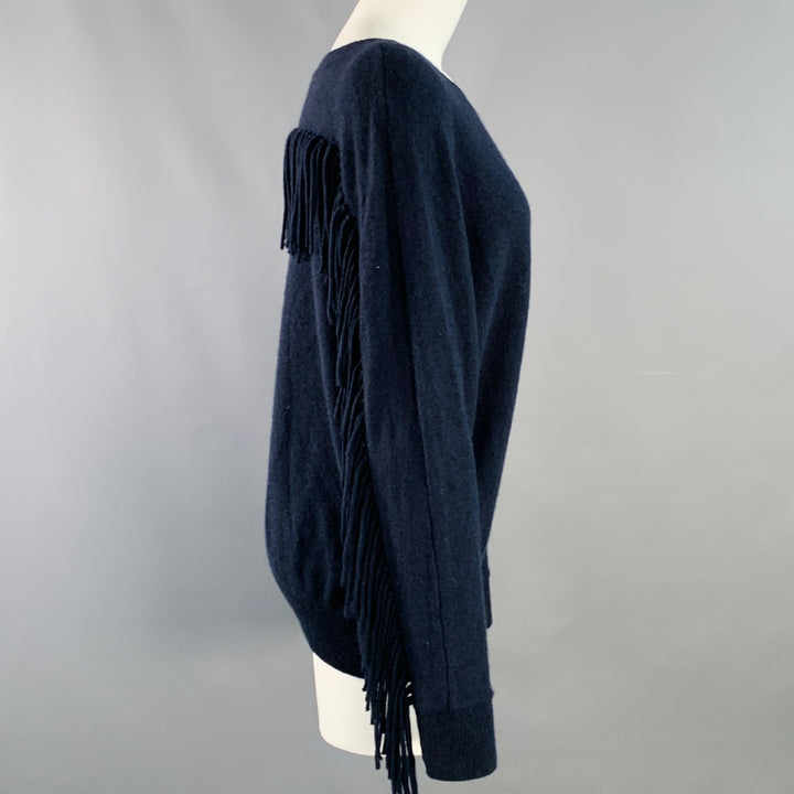 MINNIE ROSE Size M Navy Cashmere Fringe Crew Neck Pullover