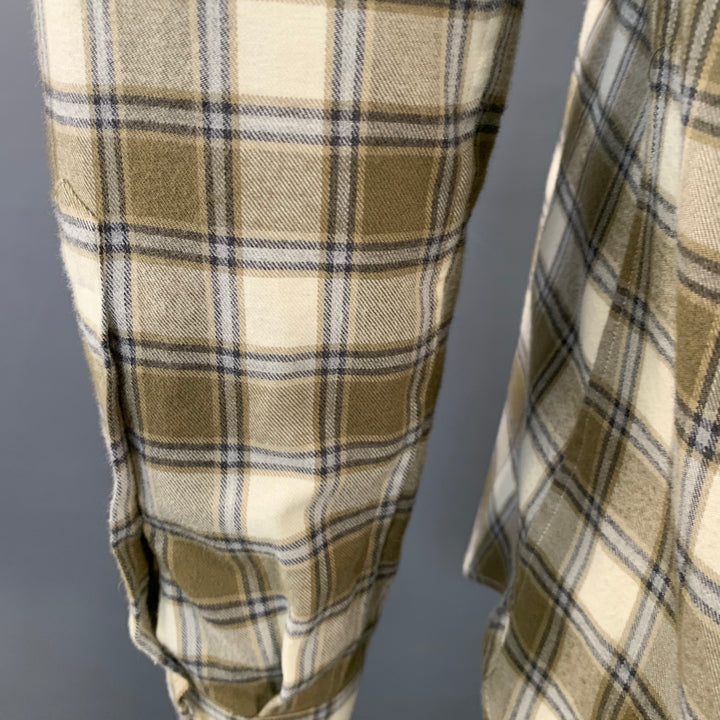 BOGLIOLI Size L Cream Olive Plaid Cotton Twill Spread Collar Long Sleeve Shirt