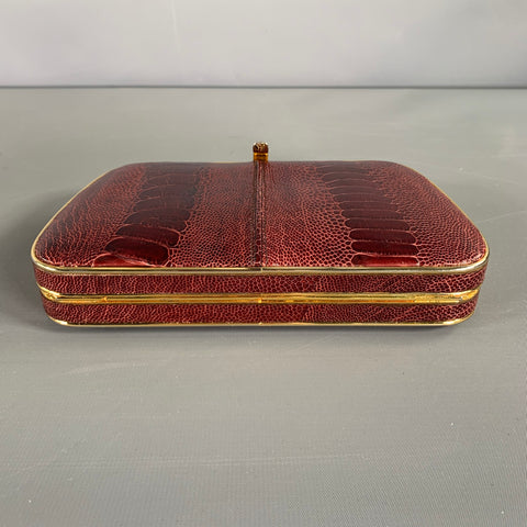 LORENZI Burgundy Gold Lizard Leather Clutch Handbag