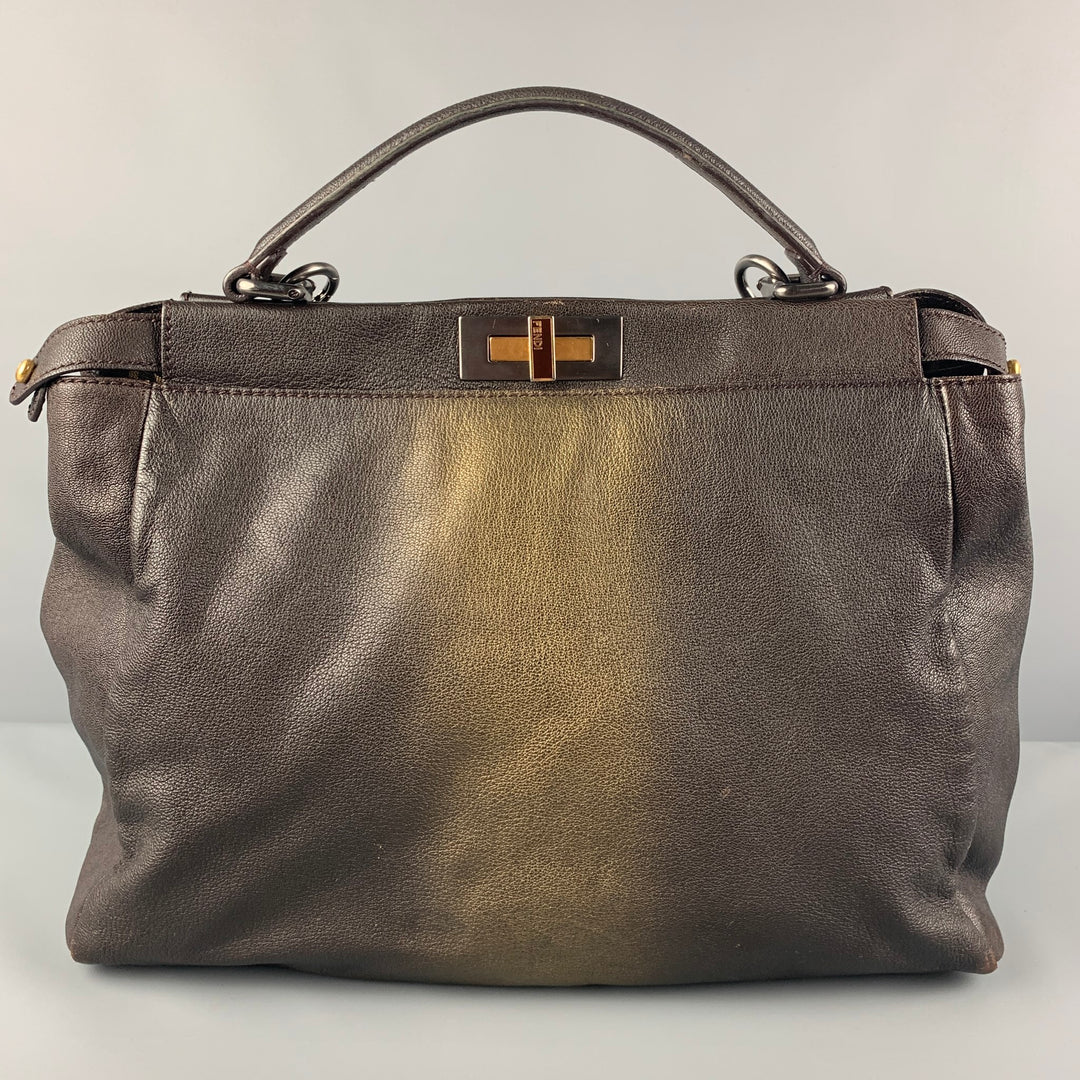 FENDI 2009 Bolso satchel de cuero marrón dorado degradado Bolso grande Zucca Peekaboo