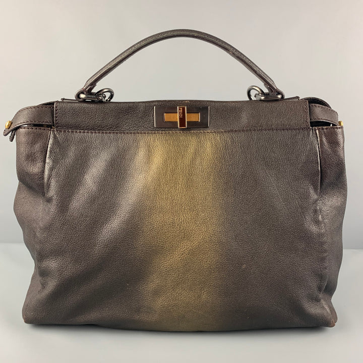 FENDI 2009 Bolso satchel de cuero marrón dorado degradado Bolso grande Zucca Peekaboo