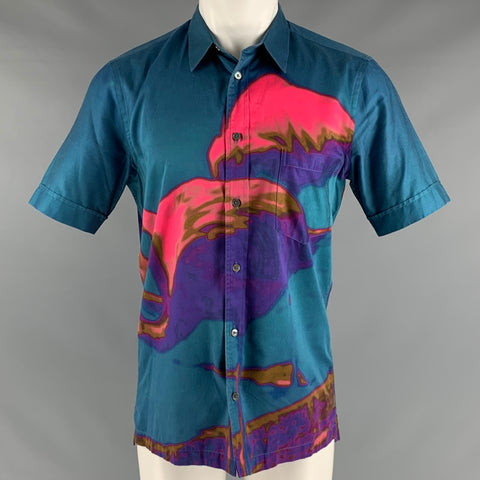 PAUL SMITH Size S Blue Pink Watercolor Cotton One Pocket Short Sleeve Shirt