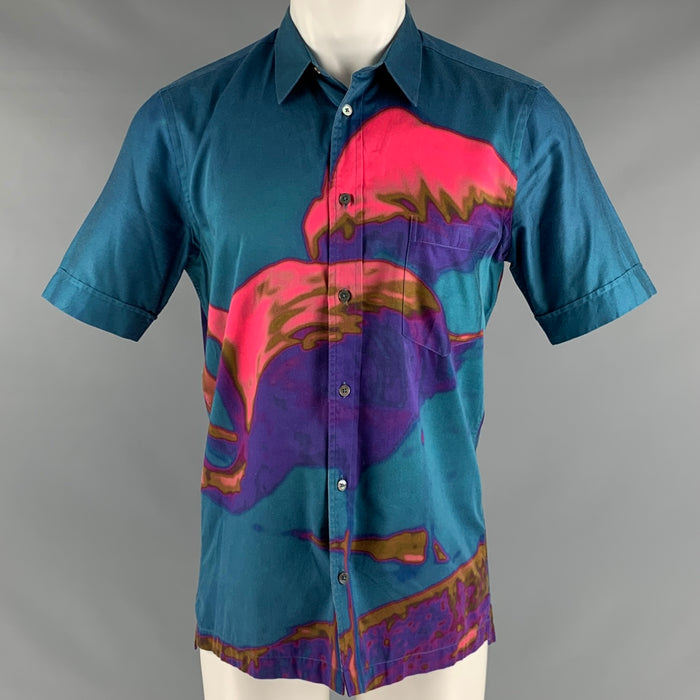 PAUL SMITH Talla S Camisa de manga corta de algodón con un bolsillo en color acuarela azul y rosa