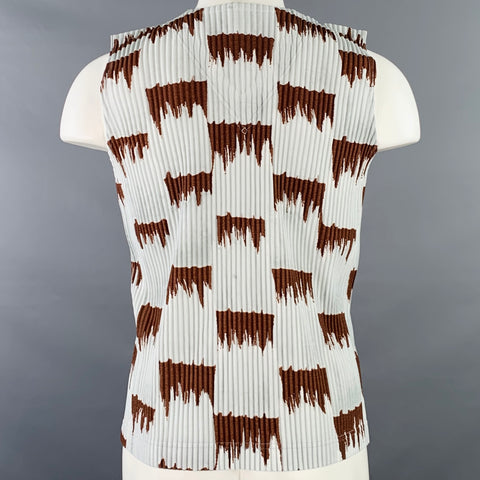 ISSEY MIYAKE HOMME PLISSE Size M Grey Brown Pleated Abstract Polyamide V-Neck Vest