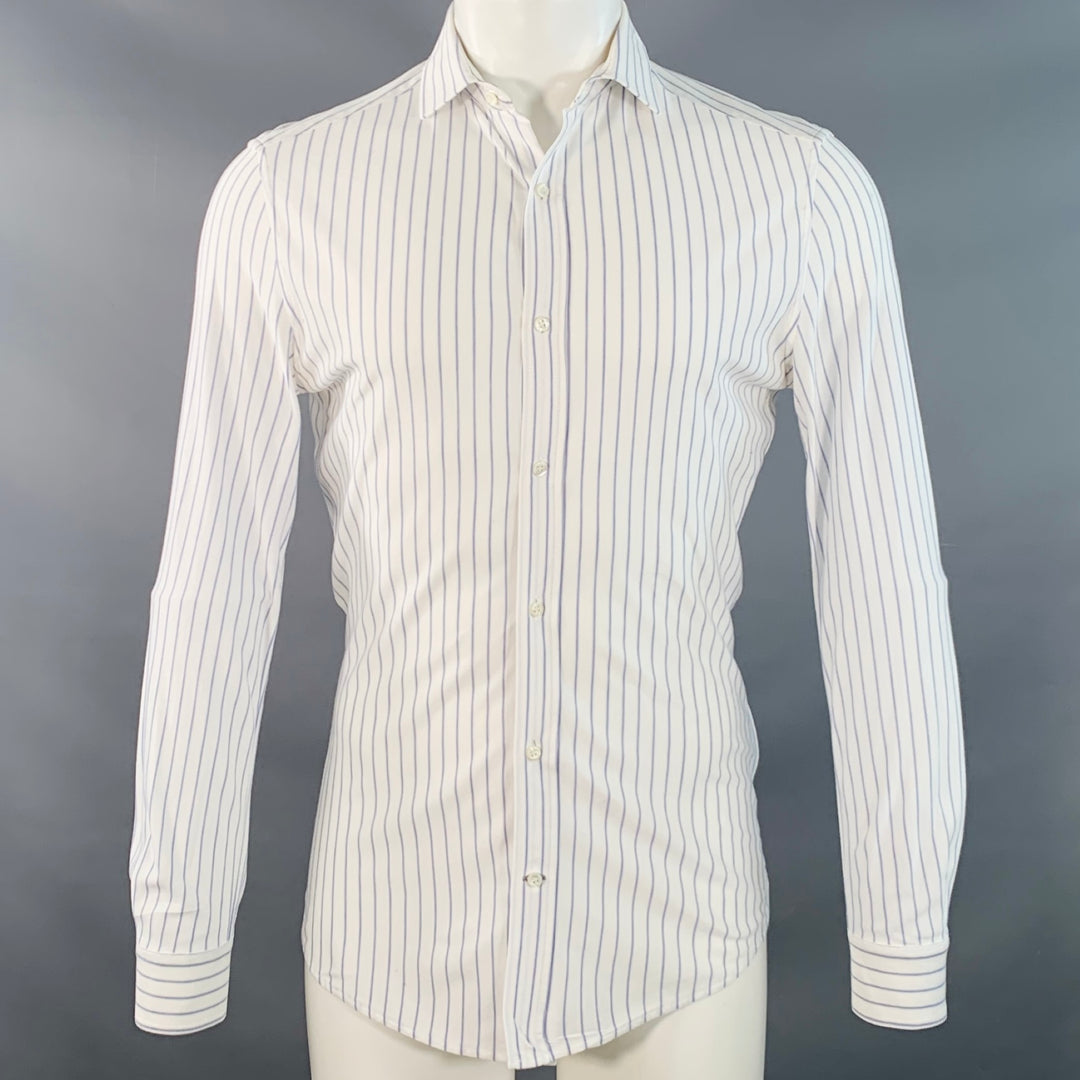 BRUNELLO CUCINELLI Size S White Blue Pinstripe Cotton Leisure Fit Long Sleeve Shirt