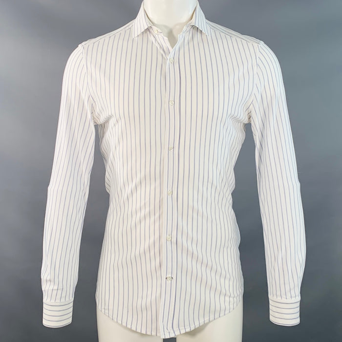 BRUNELLO CUCINELLI Size S White Blue Pinstripe Cotton Leisure Fit Long Sleeve Shirt